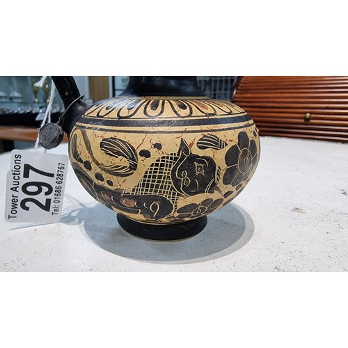 297 - Good quality museum copy hand made and hand painted small pottery jug copy of the Corinthian period ... 