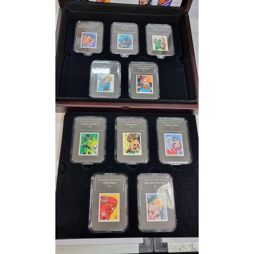 301 - Cased DC comics superheroes limited edition USA stamp set with 10x stamps in tamper proof capsules e... 