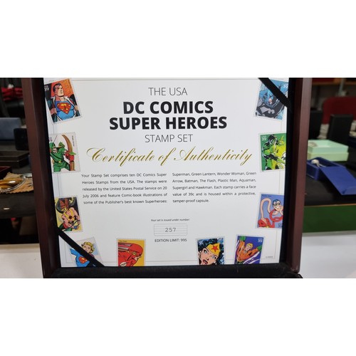 301 - Cased DC comics superheroes limited edition USA stamp set with 10x stamps in tamper proof capsules e... 