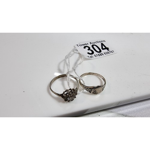 304 - 2x 925 silver rings one inset with clear cz stones one is marked 925 the other marked silver Size N ... 