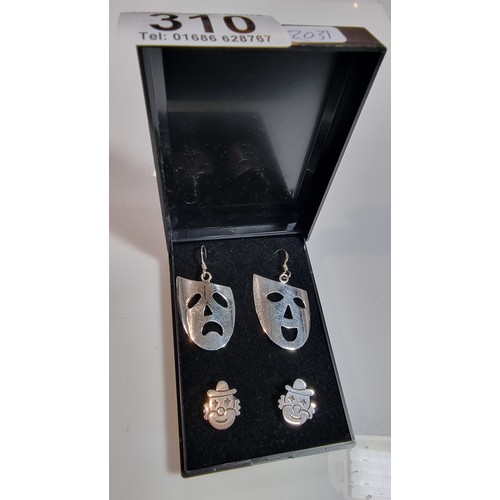 310 - 2x pairs 925 silver theatre themed  'Comedy and Tragedy' earrings and a pair of clowns both marked 9... 