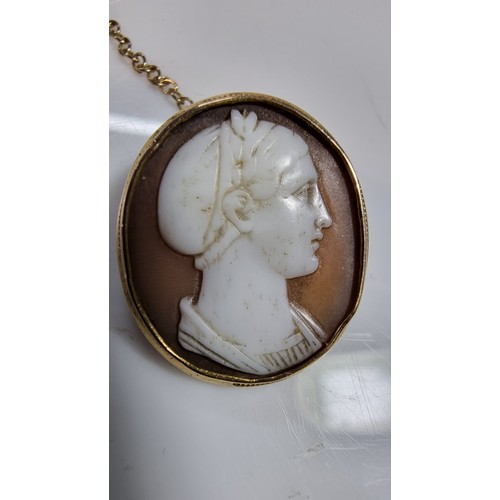 314 - Antique 14ct gold plated cameo brooch with a white portrait of a man looking right portrait seems to... 