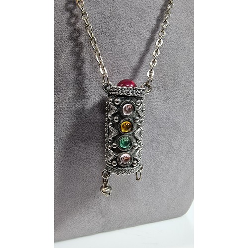 315 - Unusual vintage silver vintage costume cylindrical pendant inset with multi coloured glass stones bo... 