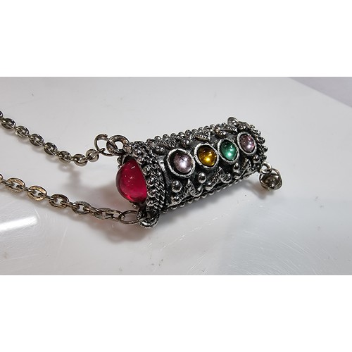 315 - Unusual vintage silver vintage costume cylindrical pendant inset with multi coloured glass stones bo... 