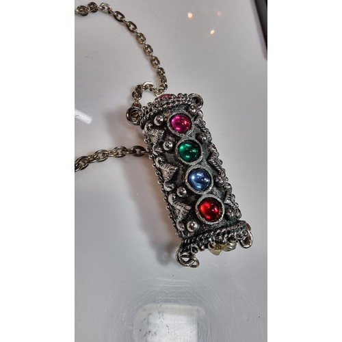 315 - Unusual vintage silver vintage costume cylindrical pendant inset with multi coloured glass stones bo... 