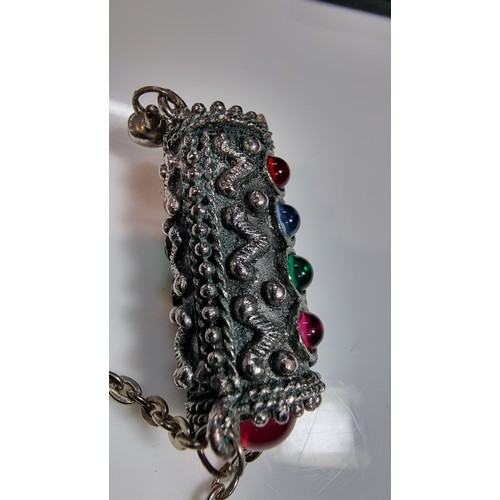 315 - Unusual vintage silver vintage costume cylindrical pendant inset with multi coloured glass stones bo... 