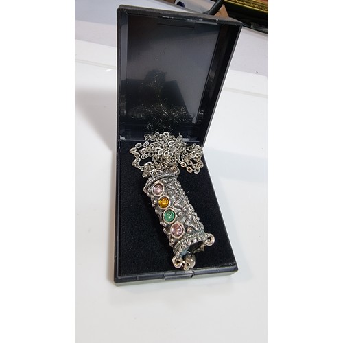 315 - Unusual vintage silver vintage costume cylindrical pendant inset with multi coloured glass stones bo... 