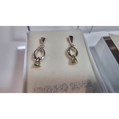 325 - 2x pairs of boxed sterling silver earrings on pair inset with small genuine diamond stones the other... 