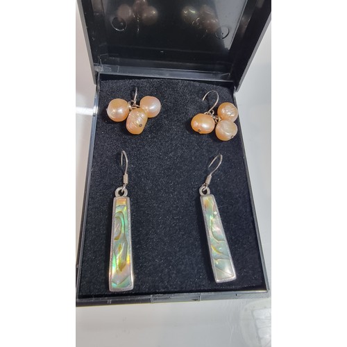 327 - 2x pairs of 925 earrings inc a pair set with real pearls the other inset with abalone shell both in ... 