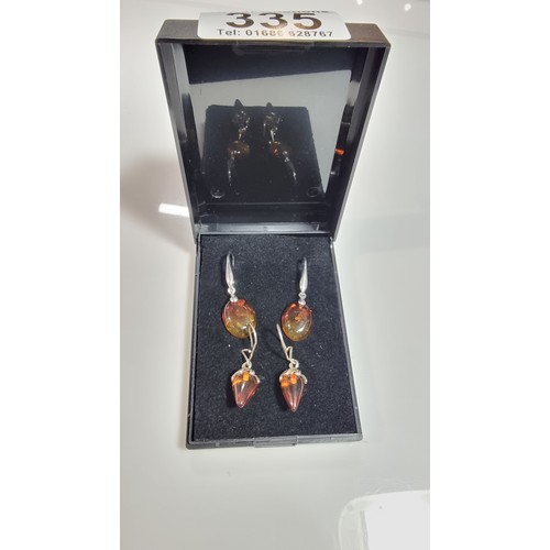 335 - 2x pairs good quality 925 silver drop earrings in set with genuine natural baltic amber one pair has... 