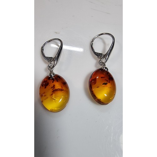 335 - 2x pairs good quality 925 silver drop earrings in set with genuine natural baltic amber one pair has... 