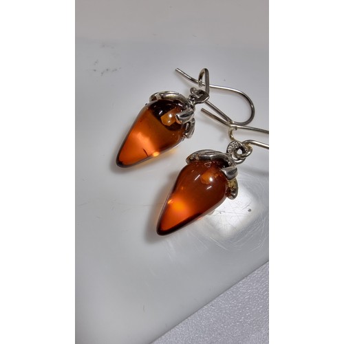 335 - 2x pairs good quality 925 silver drop earrings in set with genuine natural baltic amber one pair has... 