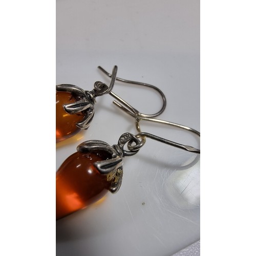 335 - 2x pairs good quality 925 silver drop earrings in set with genuine natural baltic amber one pair has... 