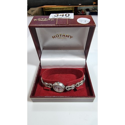 340 - Hallmarked 925 sterling silver ladies rotary watch in its original rotary box case and strap are ste... 