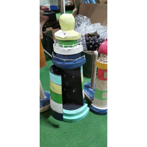 214 - Quantity of hand painted wooden lighthouse bathroom ornaments inc toilet roll holders, key cupboard ... 