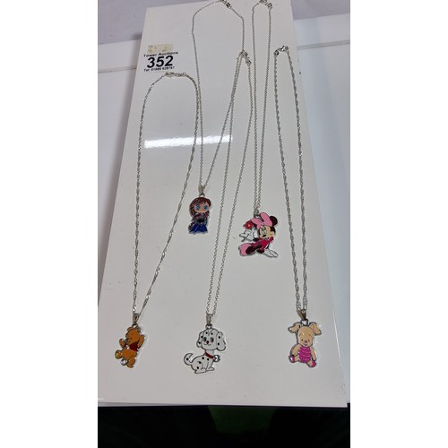 352 - Set of 5x Disney pendants all set on 18in 925 silver chains 2x pendants have clear gemstones all in ... 