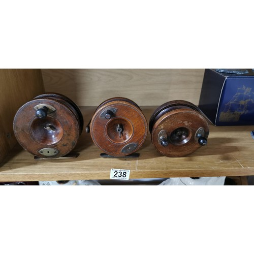 238 - 3x large early vintage wooden Starback centre pin fishing reels, 1x is stamped Milwards in good over... 