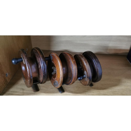 238 - 3x large early vintage wooden Starback centre pin fishing reels, 1x is stamped Milwards in good over... 