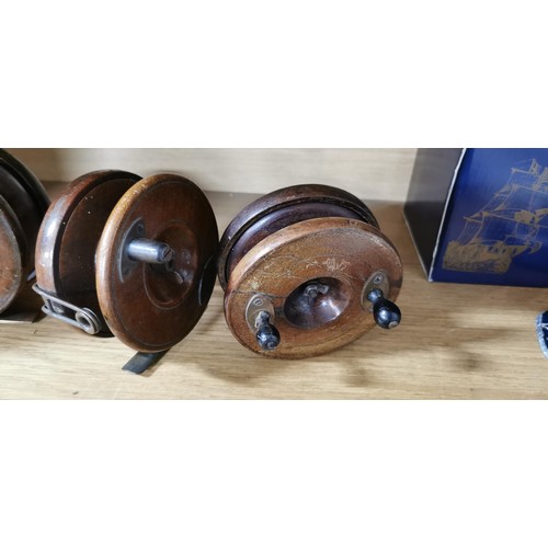 238 - 3x large early vintage wooden Starback centre pin fishing reels, 1x is stamped Milwards in good over... 