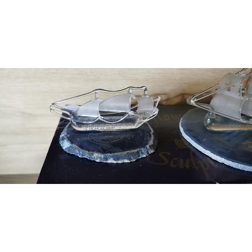 240 - Set of 3x handmade glass sculptures of 3x different ships by Mayflower Glass Collection. 1x ship is ... 