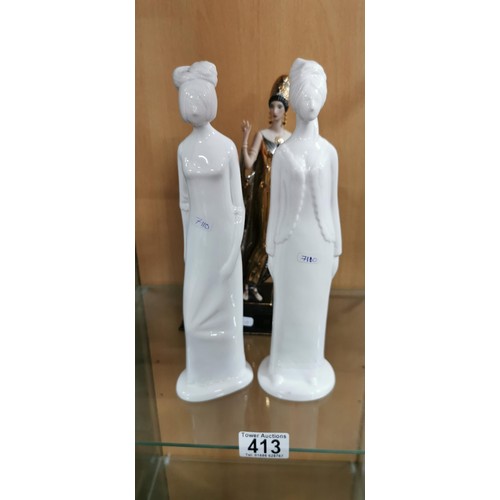 413 - 3x good quality lady figurines, 1x in porcelain - limited edition Erte Isis Franklin Mint Goddess fi... 