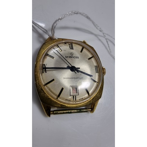 358 - Vintage services shock resistant gents watch with date window tested for a short period of time runs... 