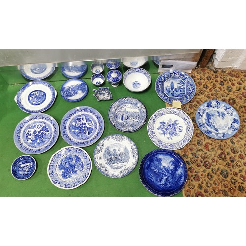 418 - Large quantity of antique and vintage blue and white collectable plates and bowls, inc a lidded pot ... 