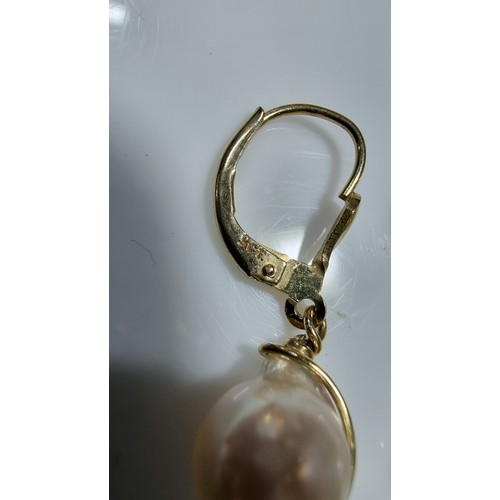 366 - Pair of 9ct yellow gold drop earrings with freshwater pearls in excellent clean condition total weig... 