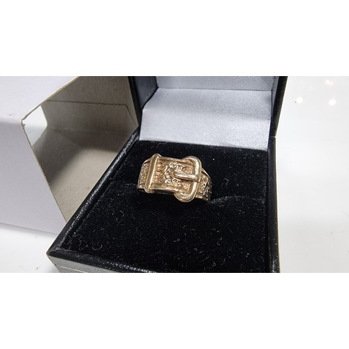 367 - Hallmarked 9ct yellow gold belt formed ring with a buckle to the front in excellent clean condition ... 