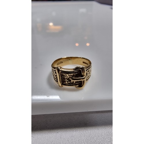 367 - Hallmarked 9ct yellow gold belt formed ring with a buckle to the front in excellent clean condition ... 