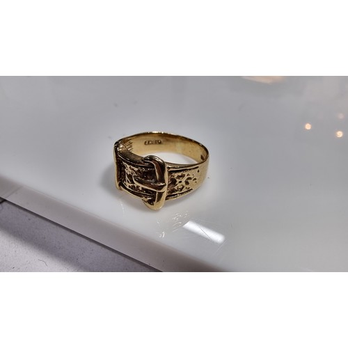 367 - Hallmarked 9ct yellow gold belt formed ring with a buckle to the front in excellent clean condition ... 