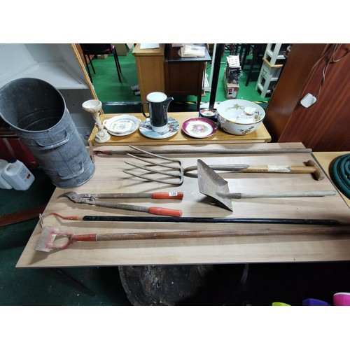 135 - Qty of various garden tools inc. hoe, garden fork, shovel etc. complete with a galvanised coal scutt... 