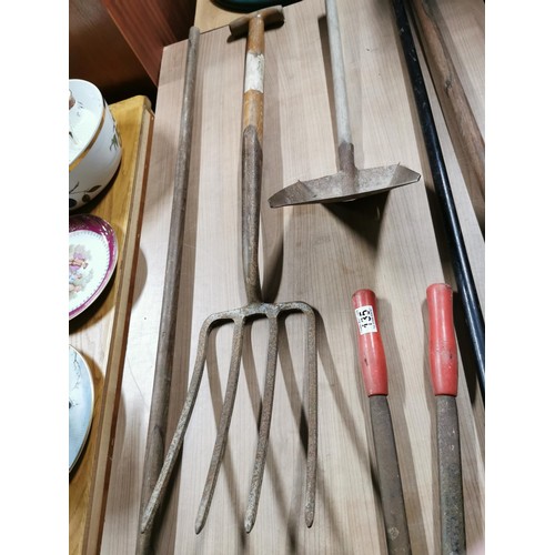 135 - Qty of various garden tools inc. hoe, garden fork, shovel etc. complete with a galvanised coal scutt... 