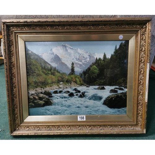 198 - Very large vintage coloured photograph of a white water scene with snow covered mountains in the bac... 