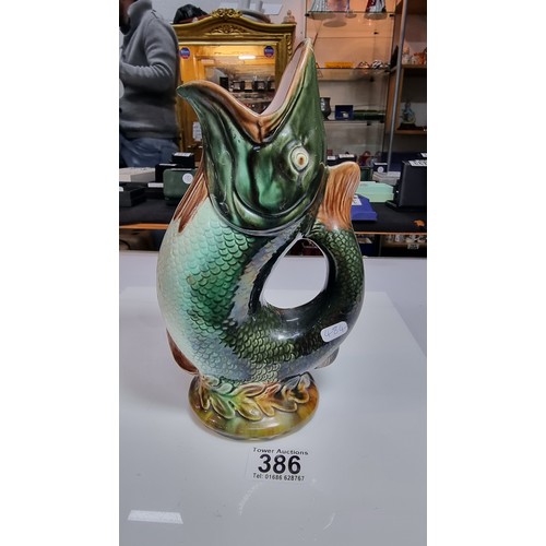 386 - Rare victorian hand painted majolica fish glug jug in excellent clean condition with no damage prese... 