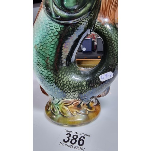 386 - Rare victorian hand painted majolica fish glug jug in excellent clean condition with no damage prese... 