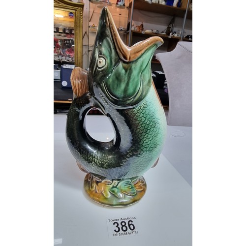 386 - Rare victorian hand painted majolica fish glug jug in excellent clean condition with no damage prese... 