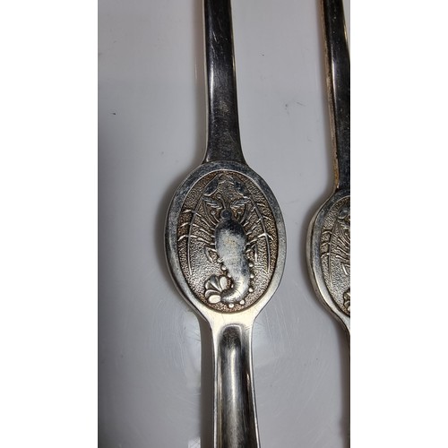 388 - Pair of rare epns A1 lobster forks with a picture of a lobster on each for with a fork and spoon on ... 