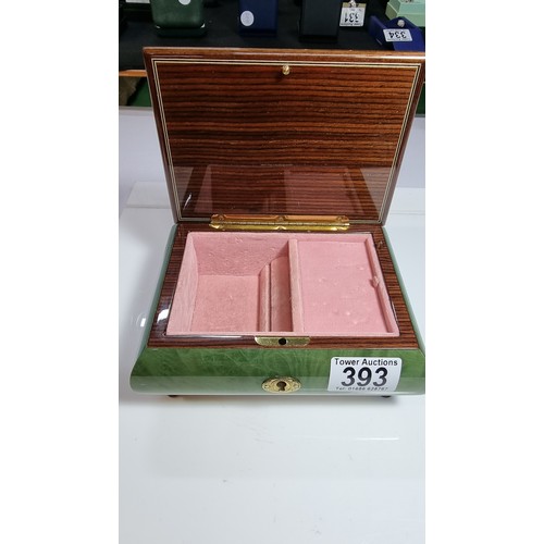 393 - Excellent quality italian inlaid wooden green music box presenting excellent craftsmanship and good ... 