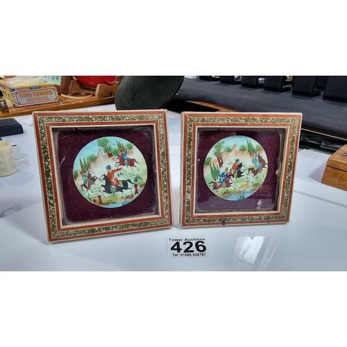 397 - Pair of fine quality asian pictures with inset with 2 plaques with hand painted scenes in good inlai... 