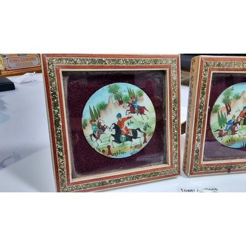 397 - Pair of fine quality asian pictures with inset with 2 plaques with hand painted scenes in good inlai... 