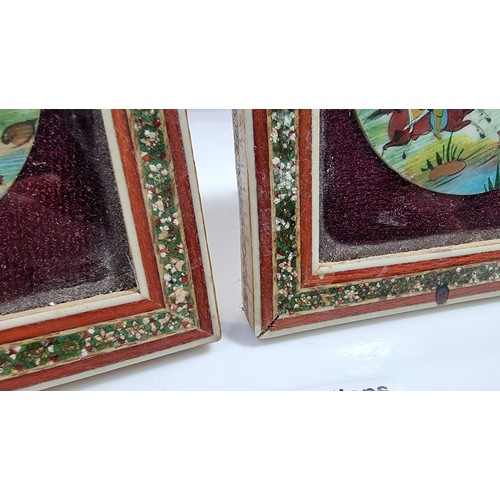 397 - Pair of fine quality asian pictures with inset with 2 plaques with hand painted scenes in good inlai... 