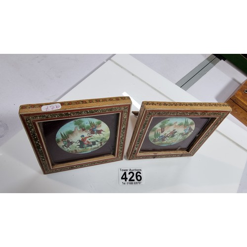 397 - Pair of fine quality asian pictures with inset with 2 plaques with hand painted scenes in good inlai... 