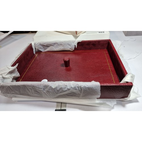 402 - Unused vintage parker burgundy leather letter tray with lid along with a matching unused parker leat... 