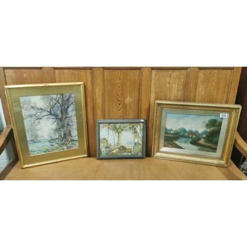 439 - 2x framed and glazed vintage watercolours along with a gilt framed and glazed oil painting. The wate... 