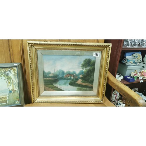 439 - 2x framed and glazed vintage watercolours along with a gilt framed and glazed oil painting. The wate... 