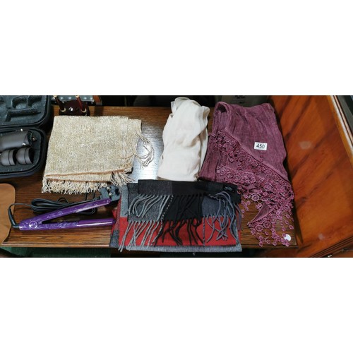 450 - Mixed lot inc very good quality of scarfs in various materials, GHD hair straighteners and miniature... 