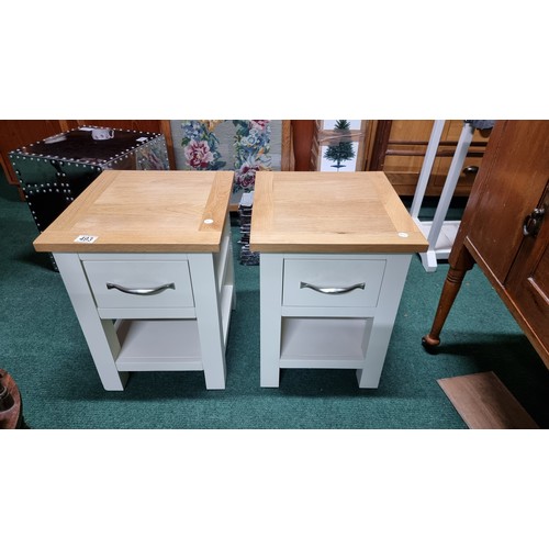 493 - Pair of as new modern bedside white painted  tables with solid oak tops both in excellent condition ... 