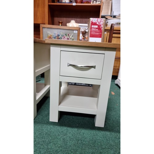 493 - Pair of as new modern bedside white painted  tables with solid oak tops both in excellent condition ... 