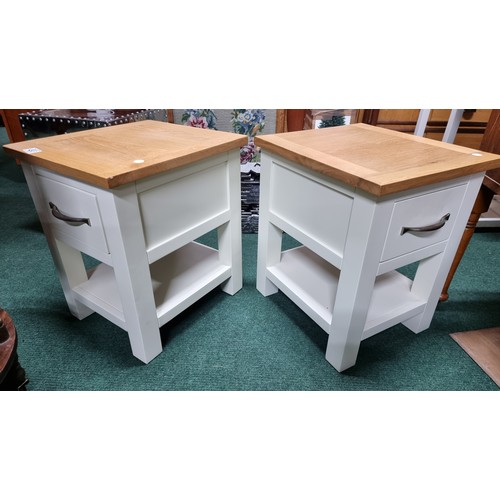 493 - Pair of as new modern bedside white painted  tables with solid oak tops both in excellent condition ... 